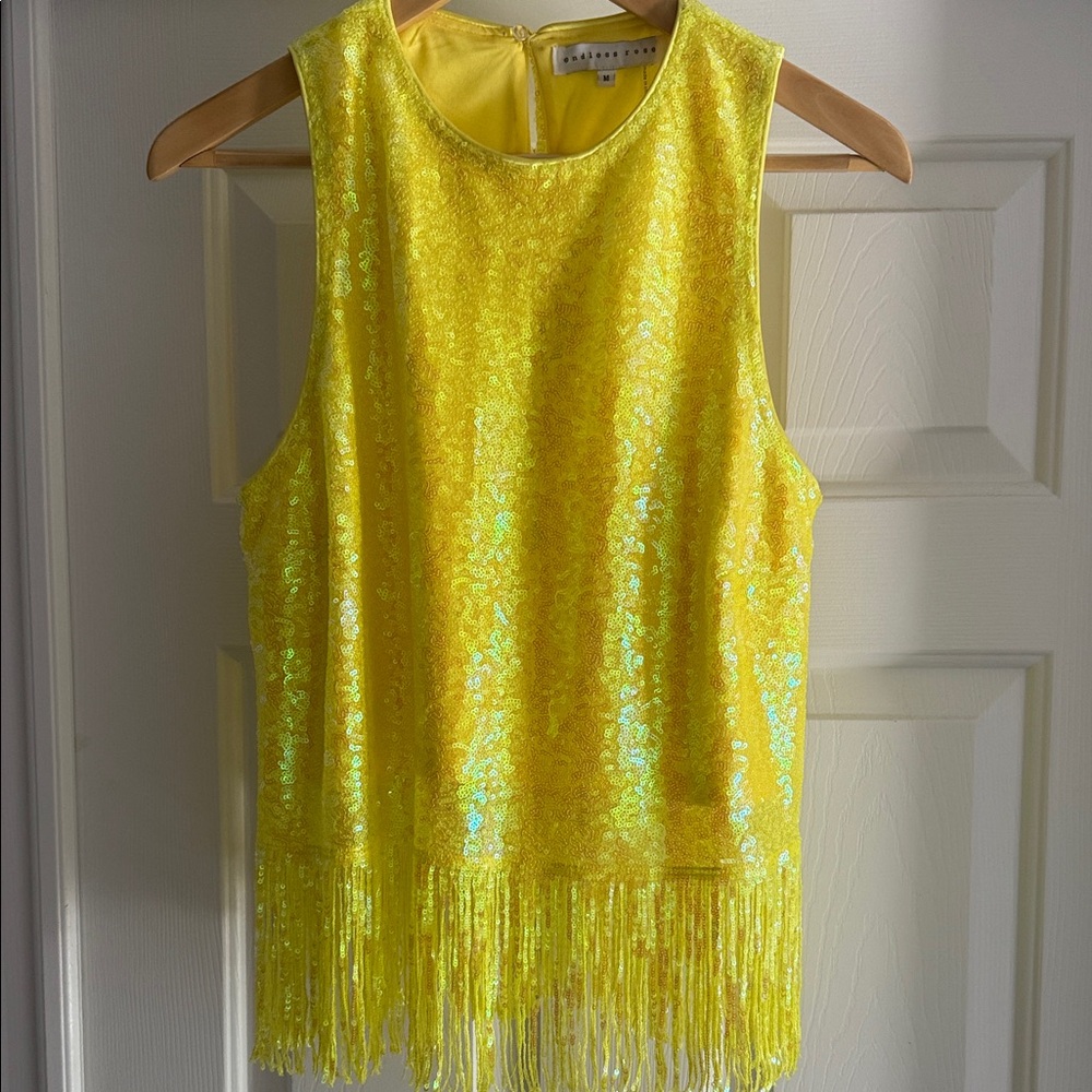 Bright Yellow Sequin Tank Top with Fringe